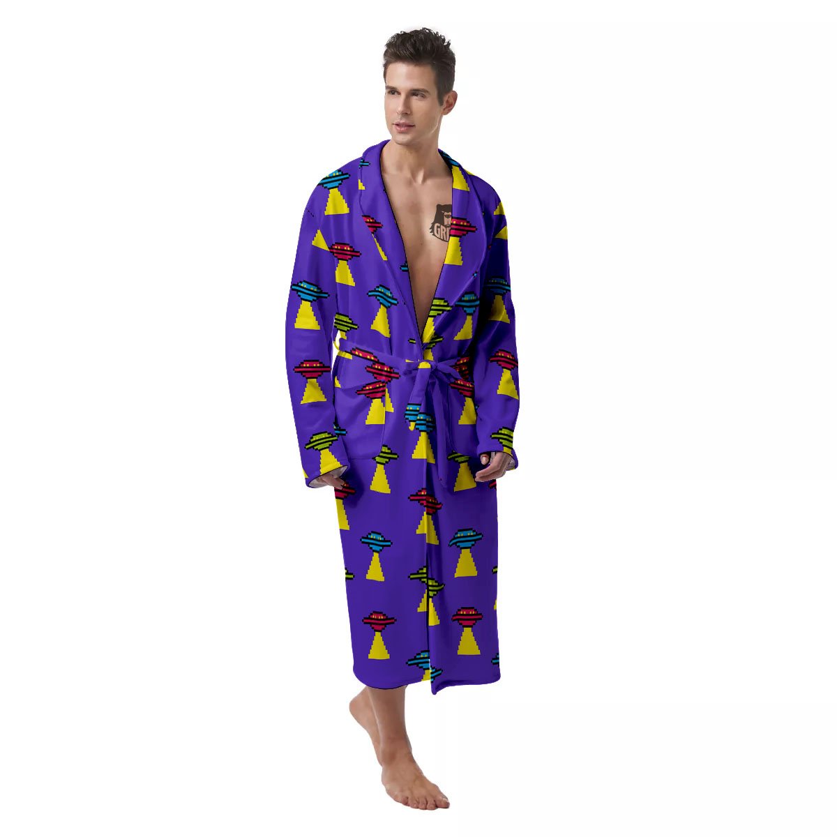 Aliens UFO Pixel Print Pattern Men's Robe-grizzshop