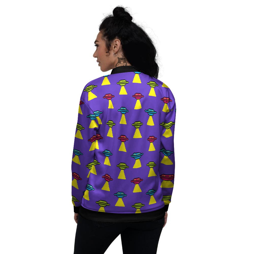 Aliens UFO Pixel Print Pattern Women's Bomber Jacket-grizzshop
