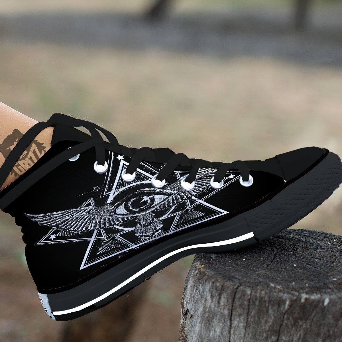All Seeing Eye Black And Silver Print Black High Top Shoes-grizzshop
