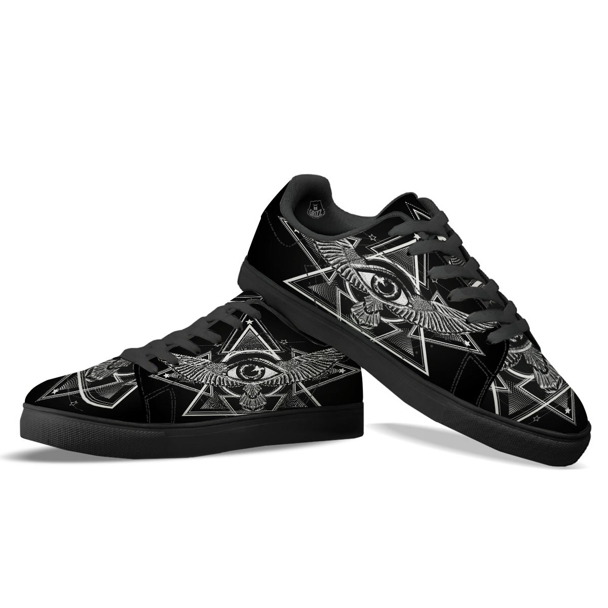 All Seeing Eye Black And Silver Print Black Low Top Sneakers-grizzshop