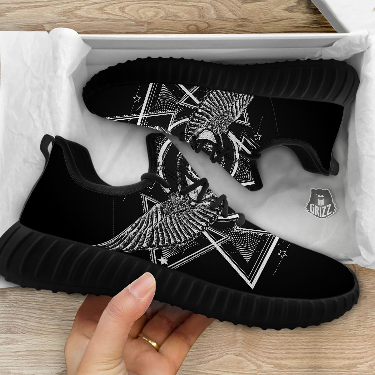 All Seeing Eye Black And Silver Print Black Walking Shoes-grizzshop