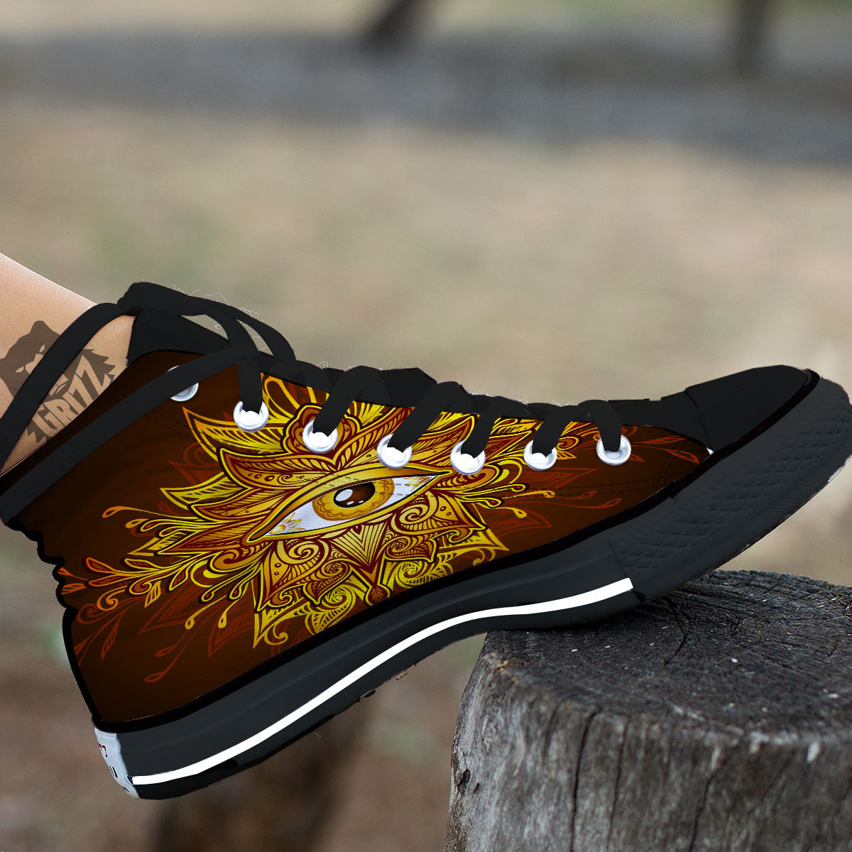 All Seeing Eye Gold Print Black High Top Shoes-grizzshop