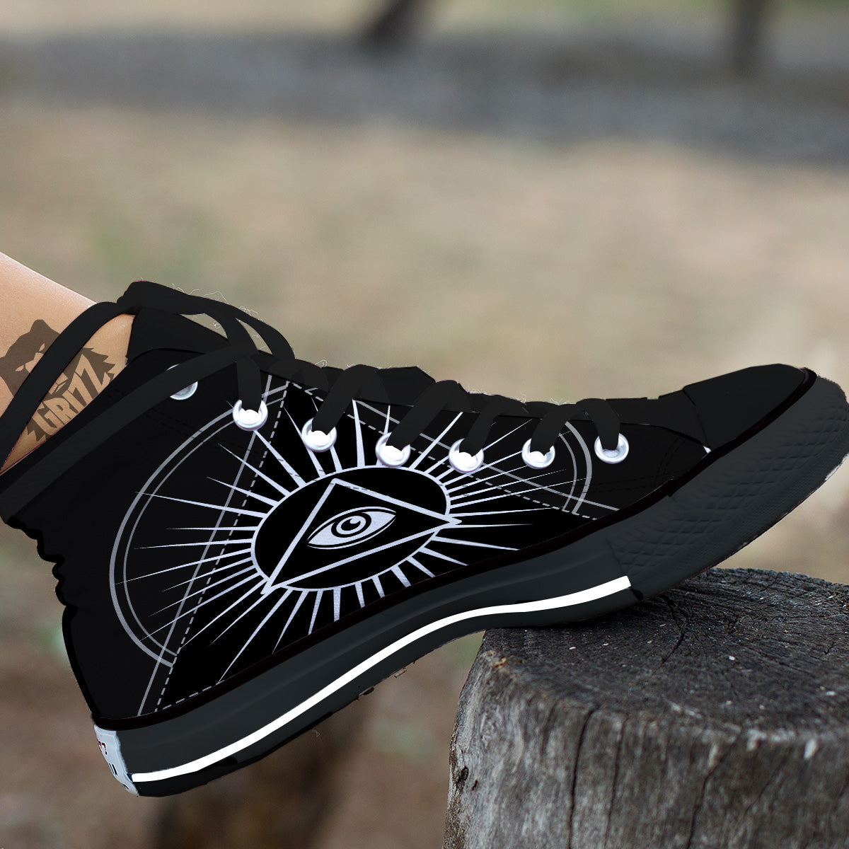 All Seeing Eye White And Black Print Black High Top Shoes-grizzshop