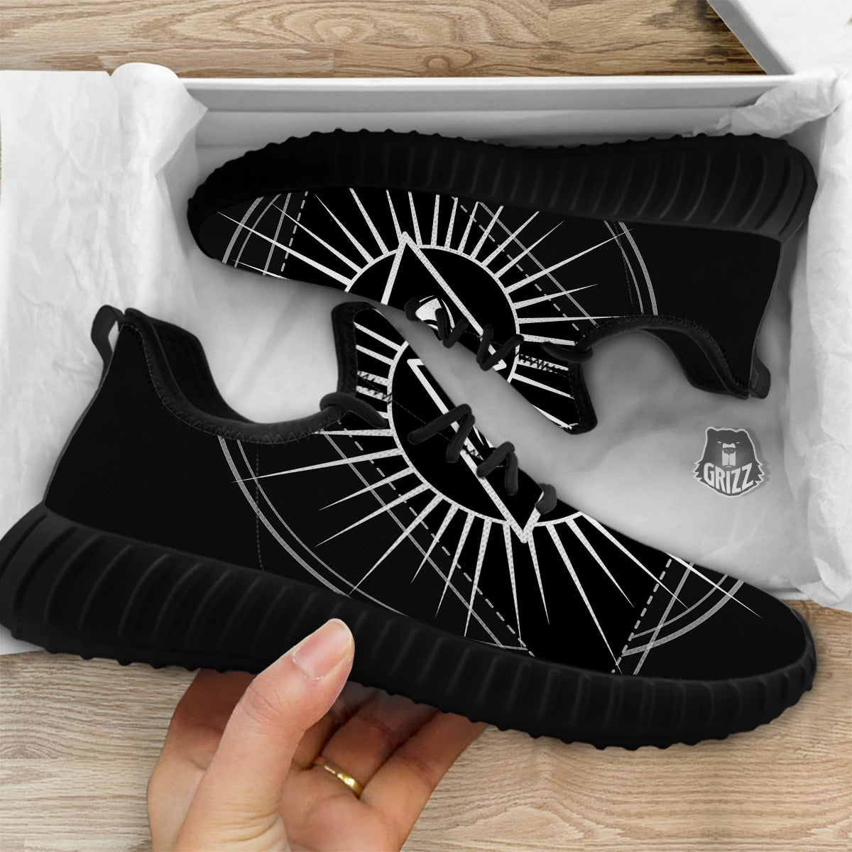 All Seeing Eye White And Black Print Black Walking Shoes-grizzshop