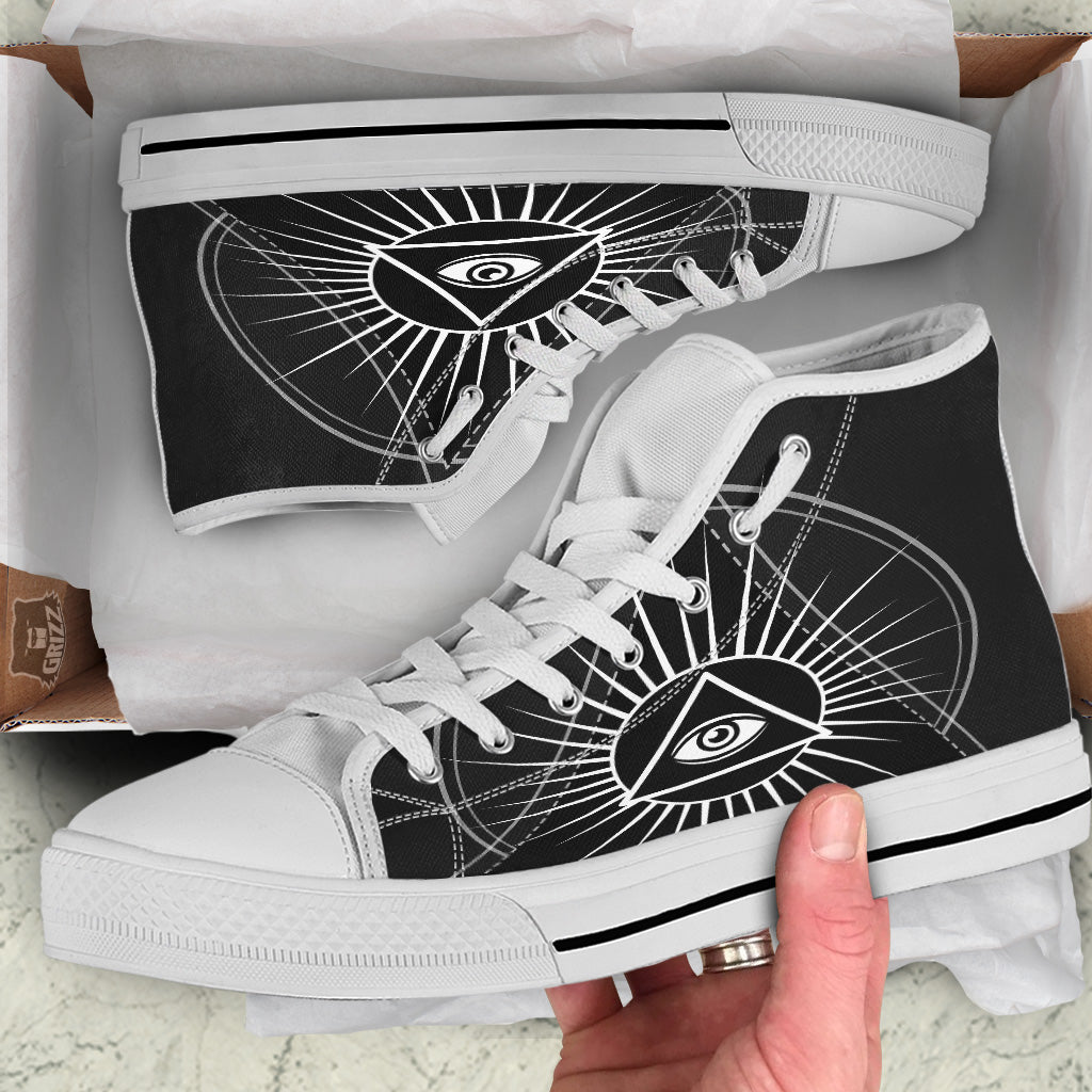All Seeing Eye White And Black Print White High Top Shoes-grizzshop