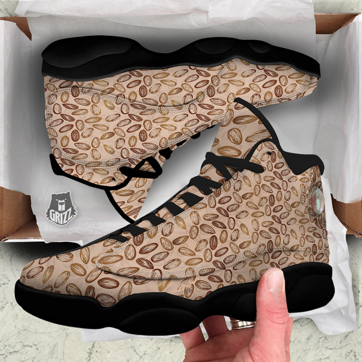 Almond Beige Print Pattern Black Basketball Shoes-grizzshop