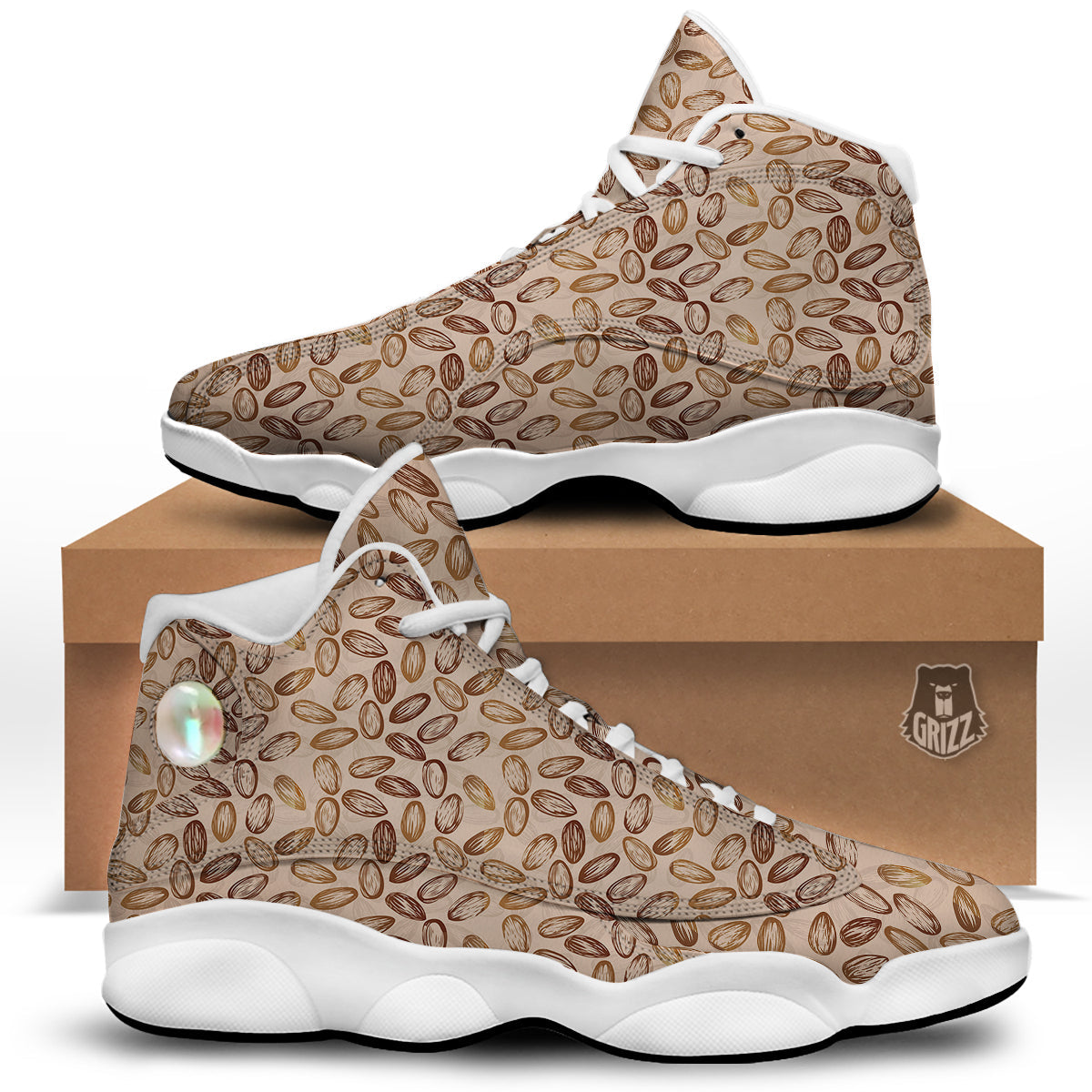 Almond Beige Print Pattern White Basketball Shoes-grizzshop
