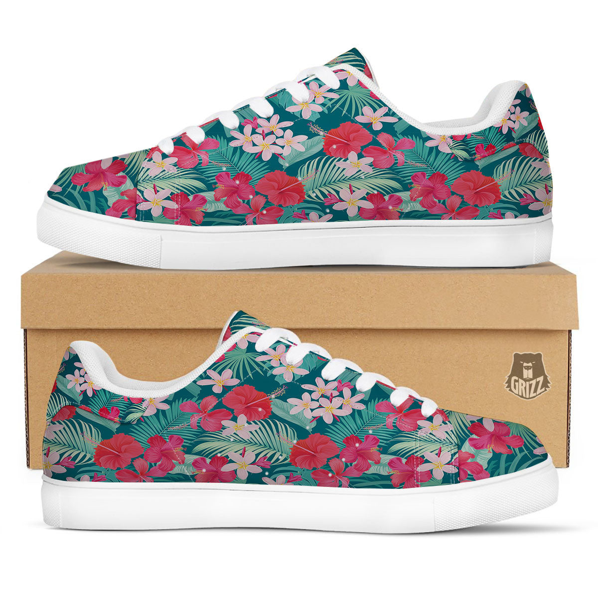 Aloha Hawaiian Flower Print White Low Top Sneakers-grizzshop