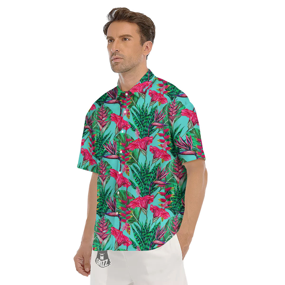 Aloha Hibiscus Hot Teal Pink Print Pattern Men's Short Sleeve Shirts-grizzshop