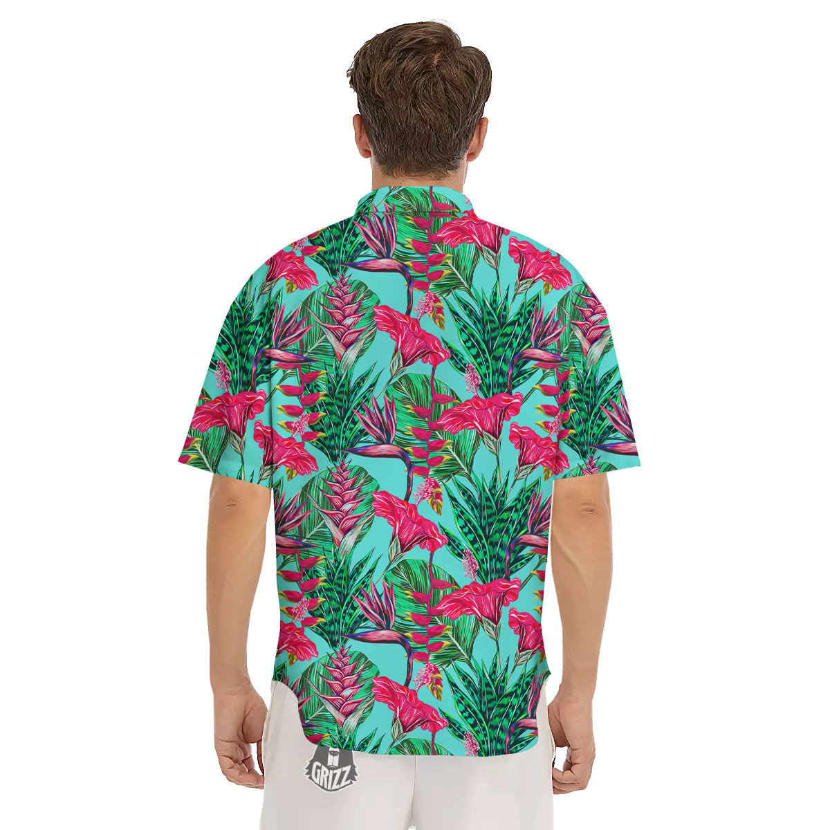 Aloha Hibiscus Hot Teal Pink Print Pattern Men's Short Sleeve Shirts-grizzshop