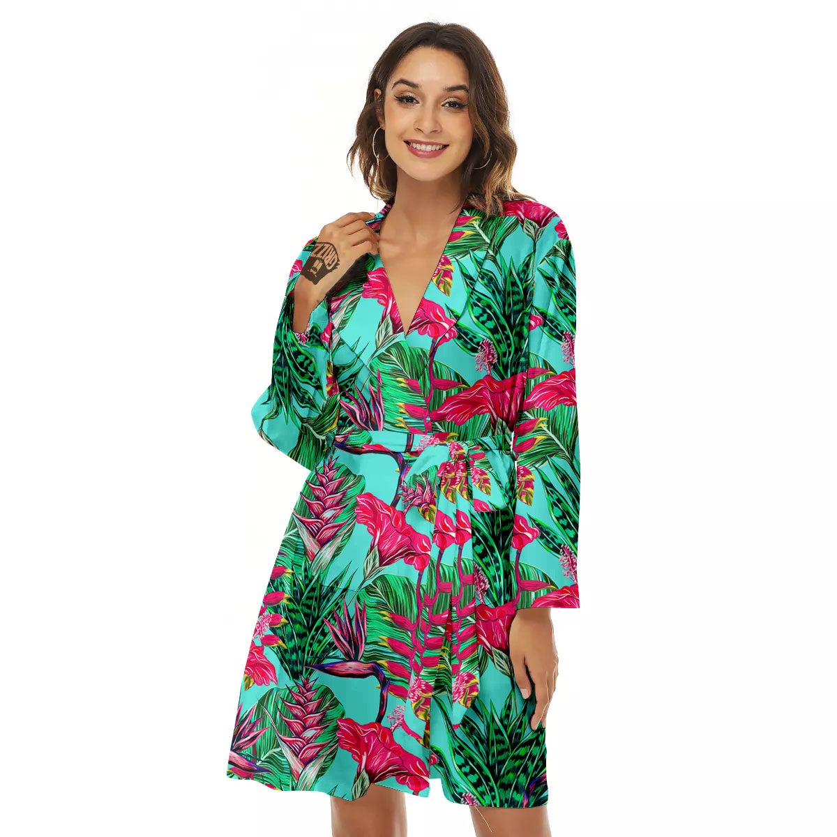 Aloha Hibiscus Hot Teal Pink Print Pattern Women's Robe-grizzshop