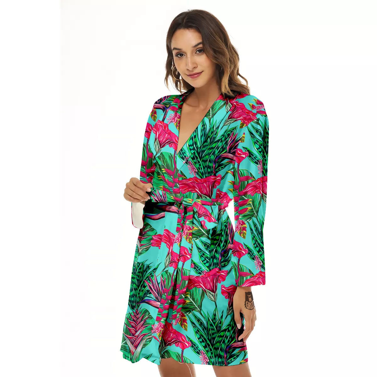 Aloha Hibiscus Hot Teal Pink Print Pattern Women's Robe-grizzshop
