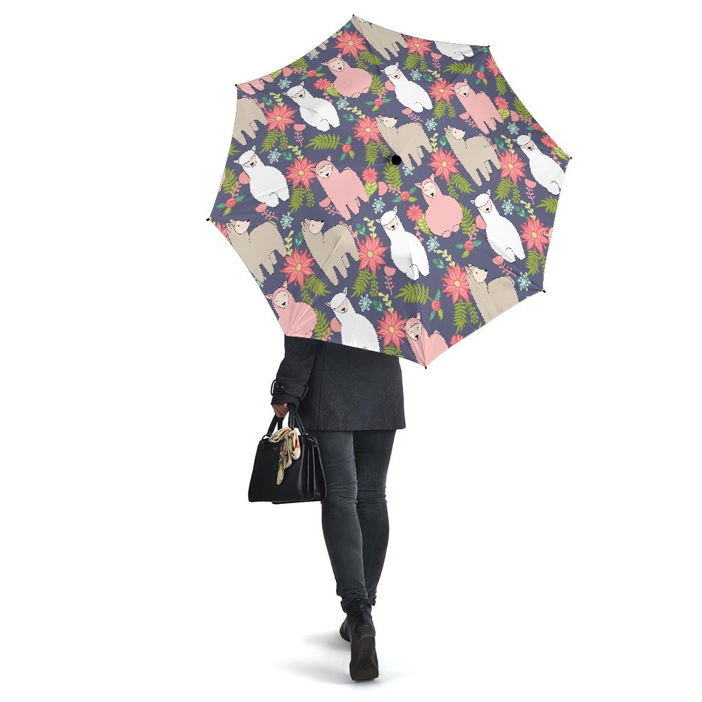 Alpaca Floral Pattern Print Automatic Foldable Umbrella-grizzshop
