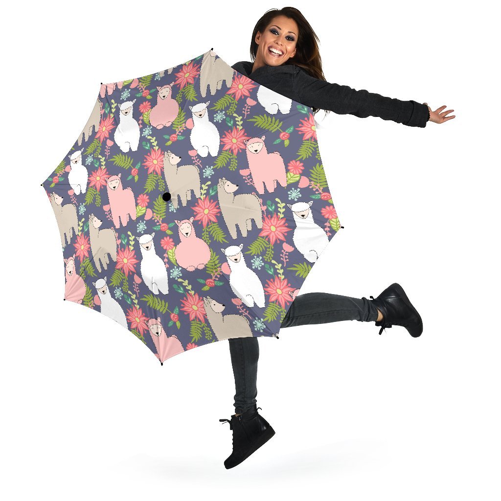 Alpaca Floral Pattern Print Automatic Foldable Umbrella-grizzshop