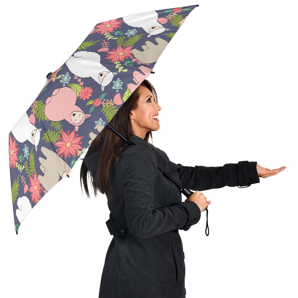 Alpaca Floral Pattern Print Automatic Foldable Umbrella-grizzshop