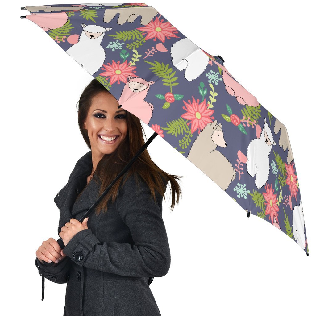 Alpaca Floral Pattern Print Automatic Foldable Umbrella-grizzshop