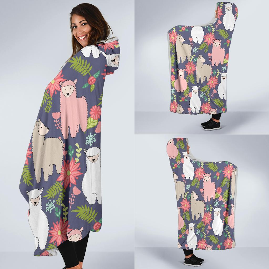Alpaca Floral Pattern Print Hooded Blanket-grizzshop