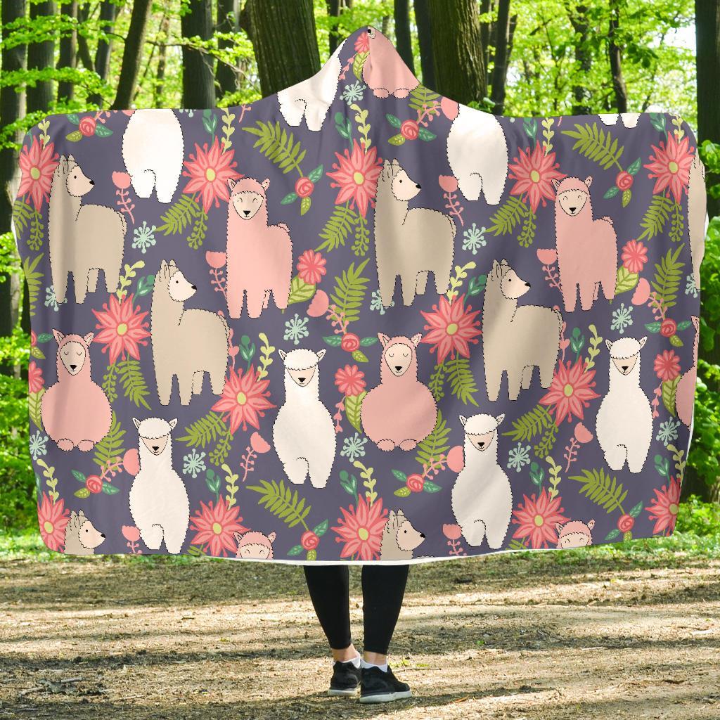 Alpaca Floral Pattern Print Hooded Blanket-grizzshop