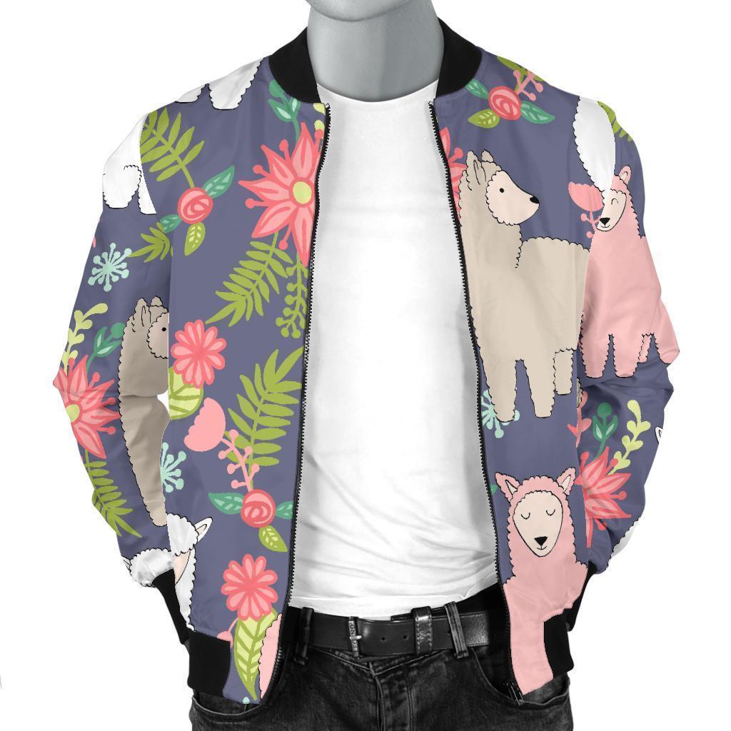 Alpaca Floral Pattern Print Men's Bomber Jacket-grizzshop