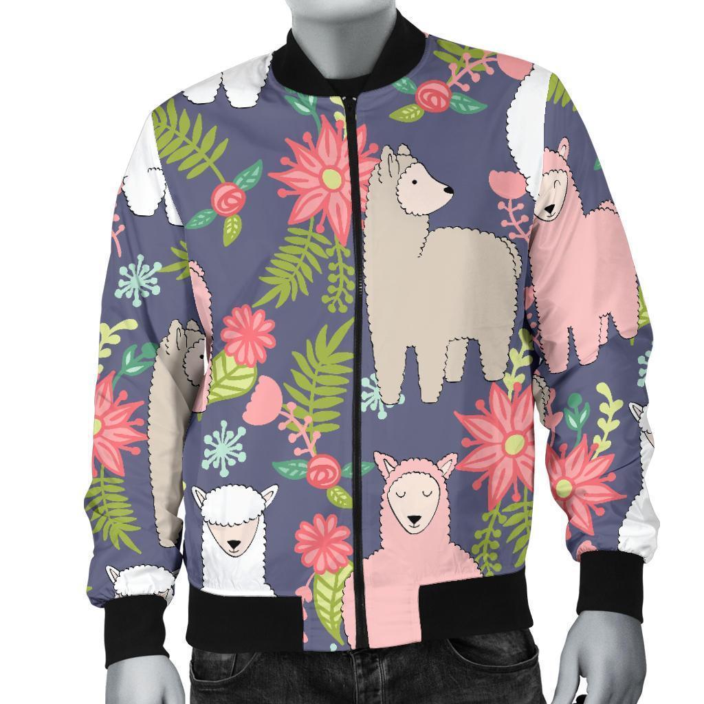 Alpaca Floral Pattern Print Men's Bomber Jacket-grizzshop