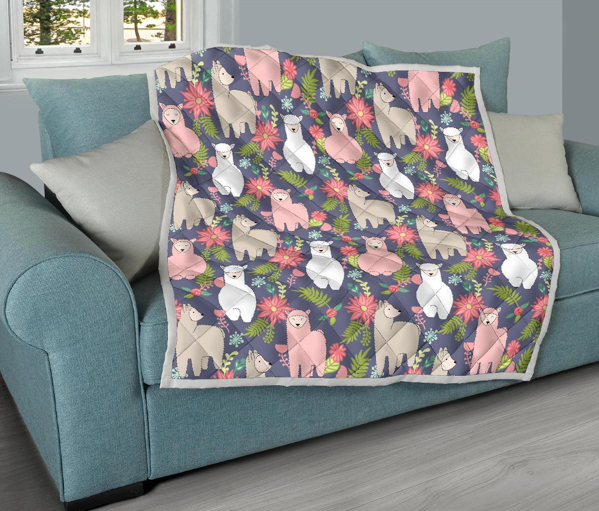 Alpaca Floral Pattern Print Quilt-grizzshop