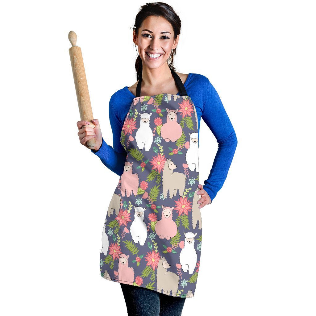 Alpaca Floral Pattern Print Women's Apron-grizzshop