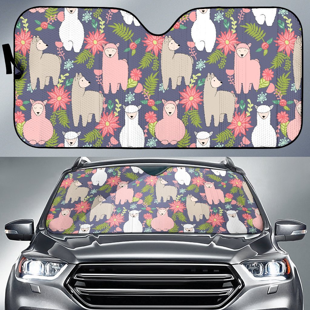 Alpaca Floral Pattern Print Car Sun Shade-grizzshop