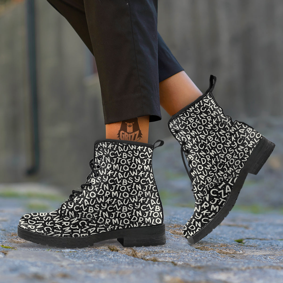 Alphabet Black Print Pattern Leather Boots-grizzshop