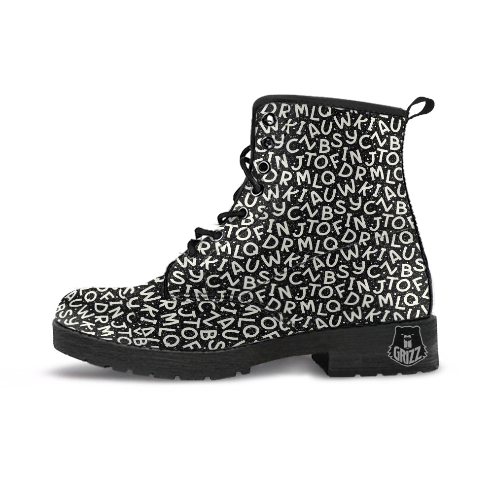 Alphabet Black Print Pattern Leather Boots-grizzshop