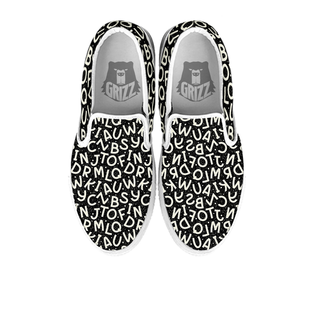Alphabet Black Print Pattern White Slip On Shoes-grizzshop