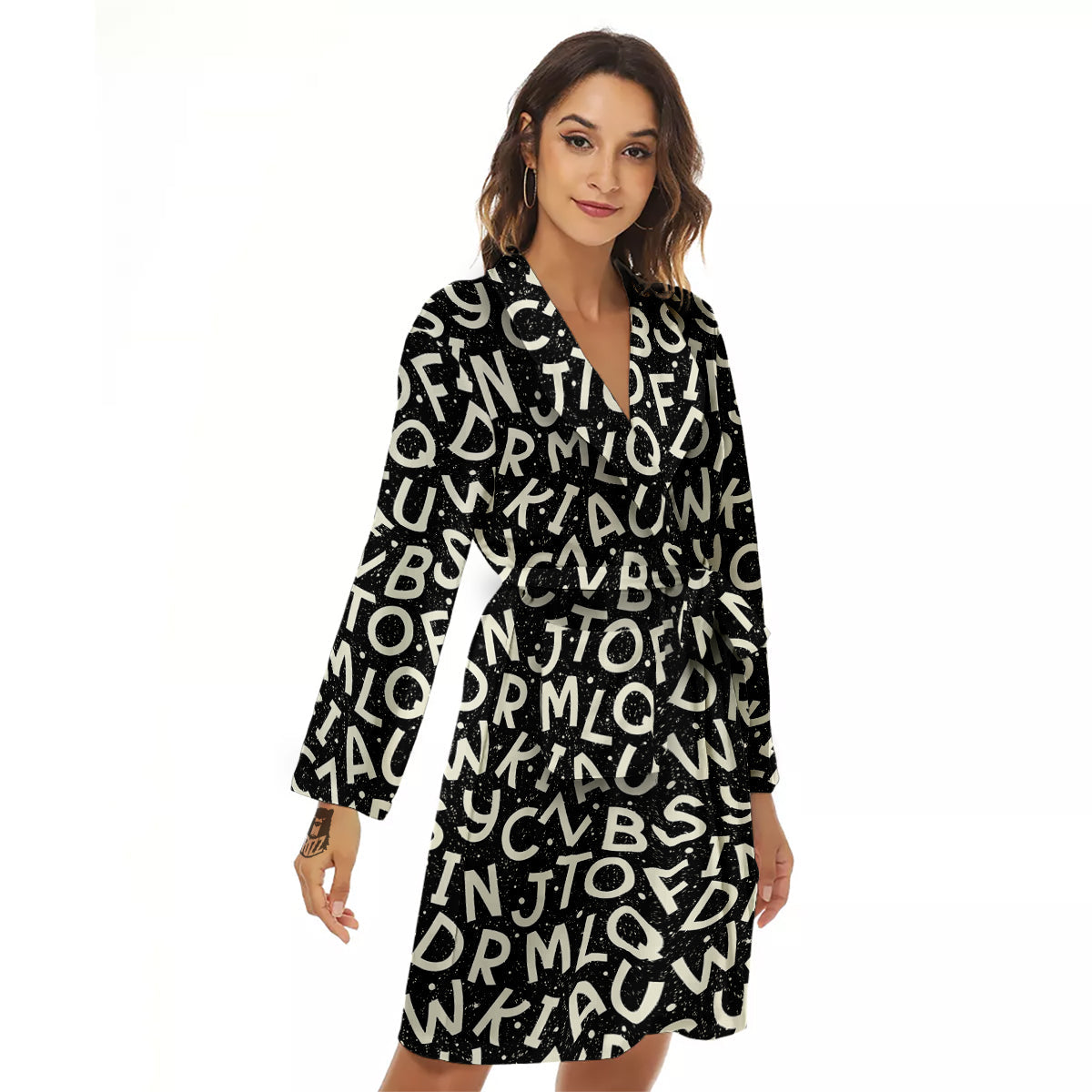 Alphabet Black Print Pattern Women's Robe-grizzshop