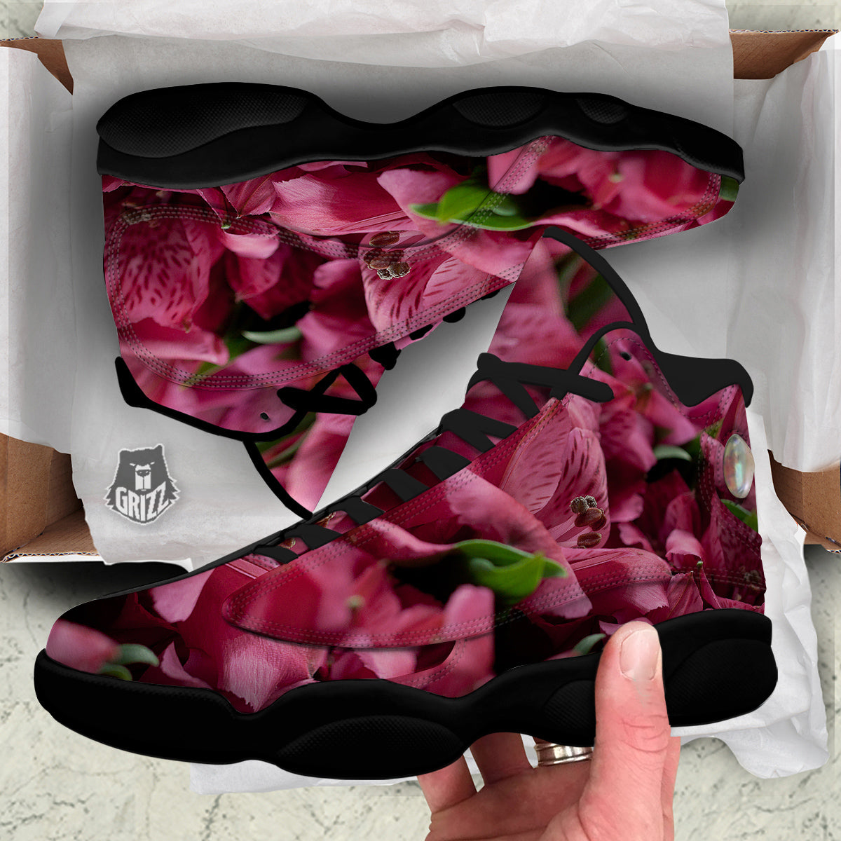 Alstroemeria Burgundy Print Black Basketball Shoes-grizzshop