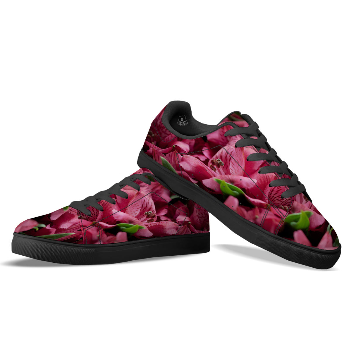 Alstroemeria Burgundy Print Black Low Top Sneakers-grizzshop