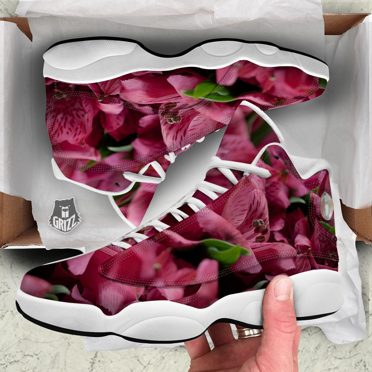 Alstroemeria Burgundy Print White Basketball Shoes-grizzshop
