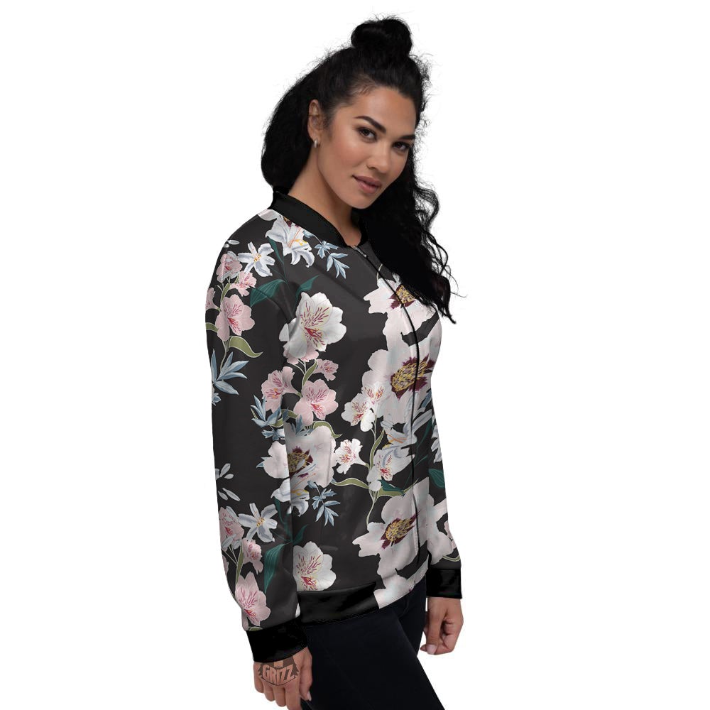 Alstroemeria Pink And White Print Pattern Women's Bomber Jacket-grizzshop