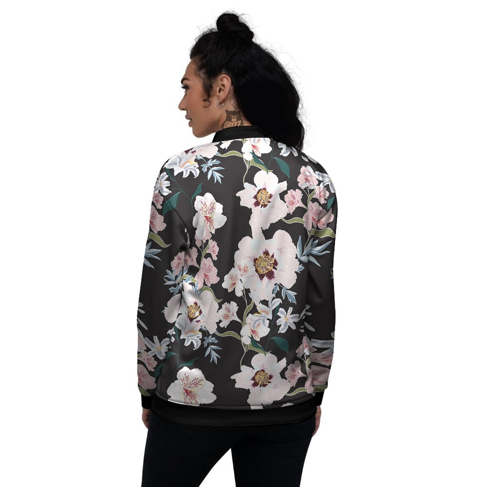 Alstroemeria Pink And White Print Pattern Women's Bomber Jacket-grizzshop