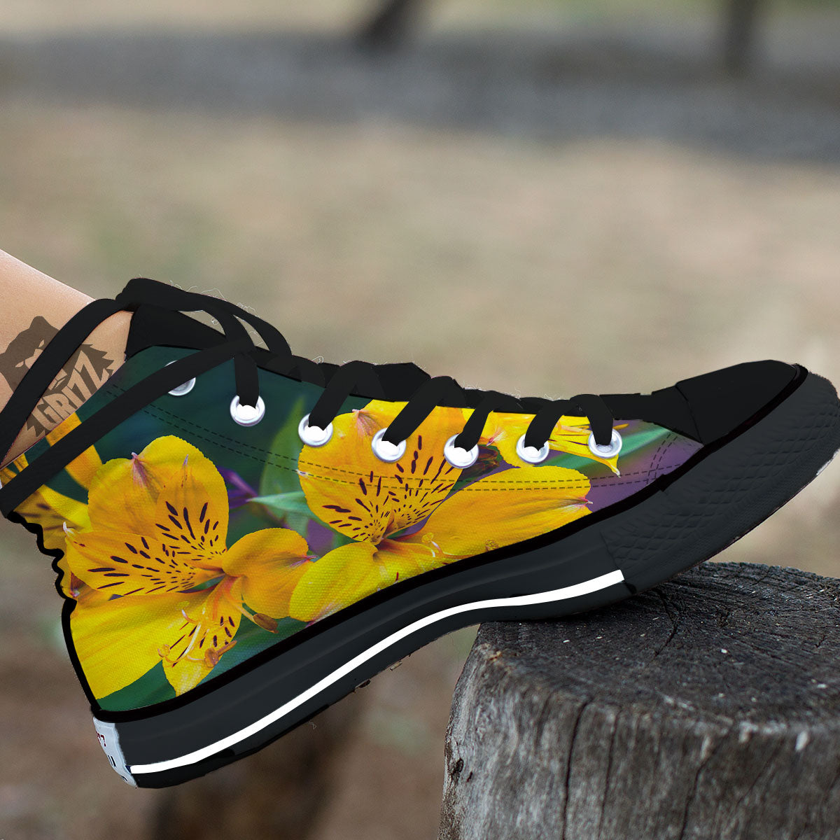 Alstroemeria Yellow Print Black High Top Shoes-grizzshop