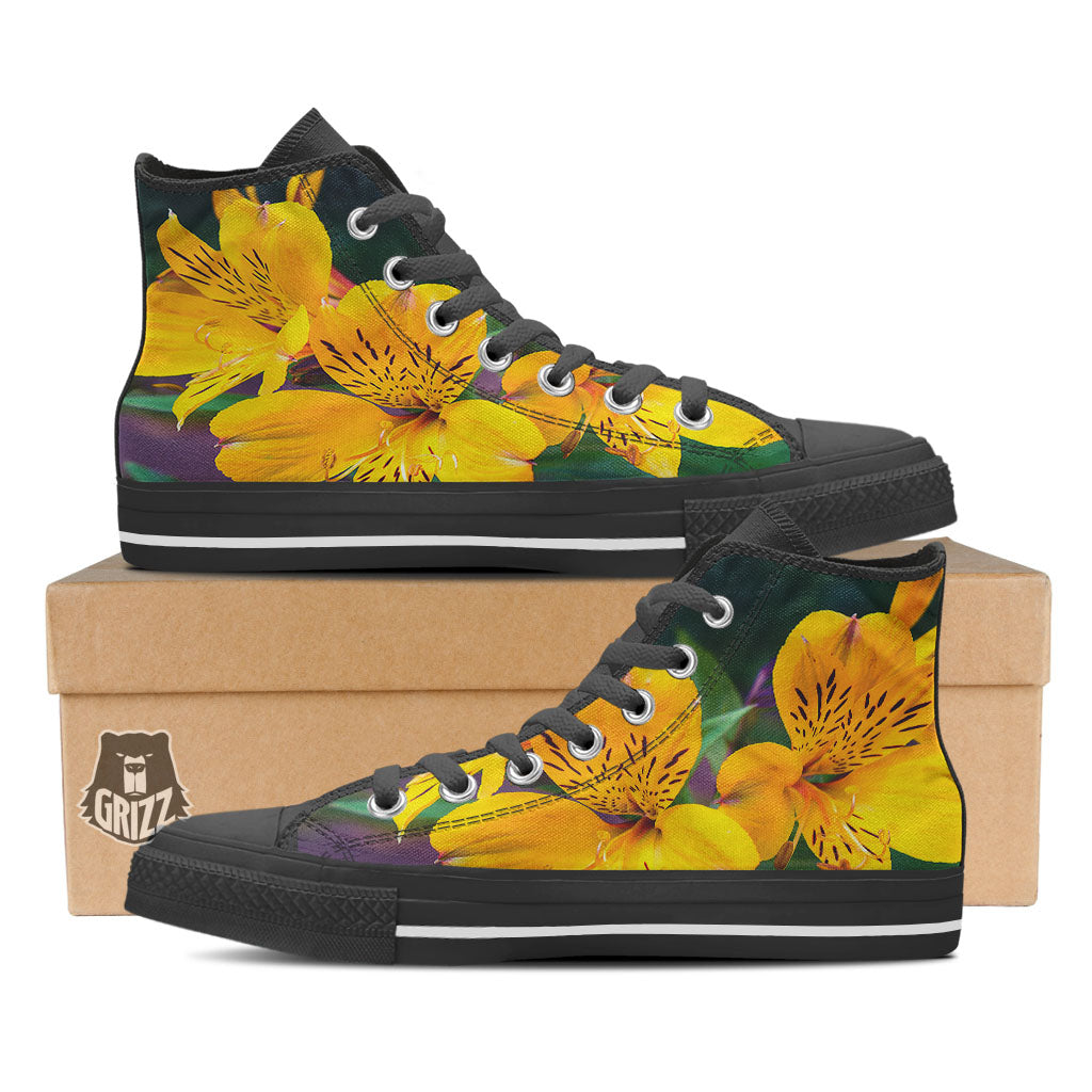 Alstroemeria Yellow Print Black High Top Shoes-grizzshop