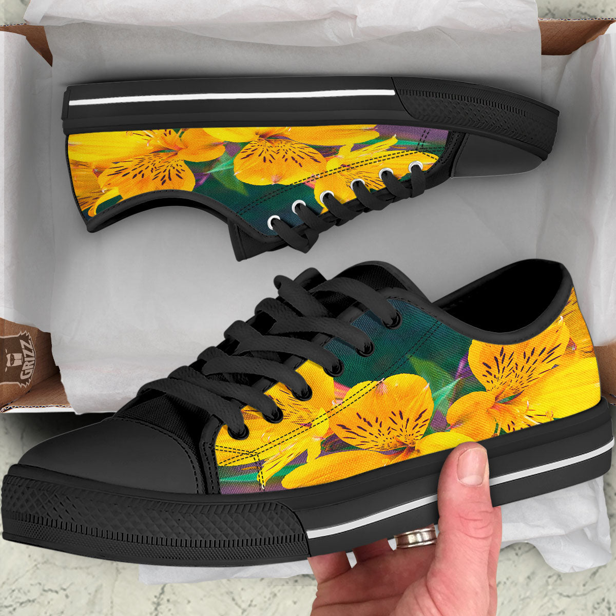 Alstroemeria Yellow Print Black Low Top Shoes-grizzshop