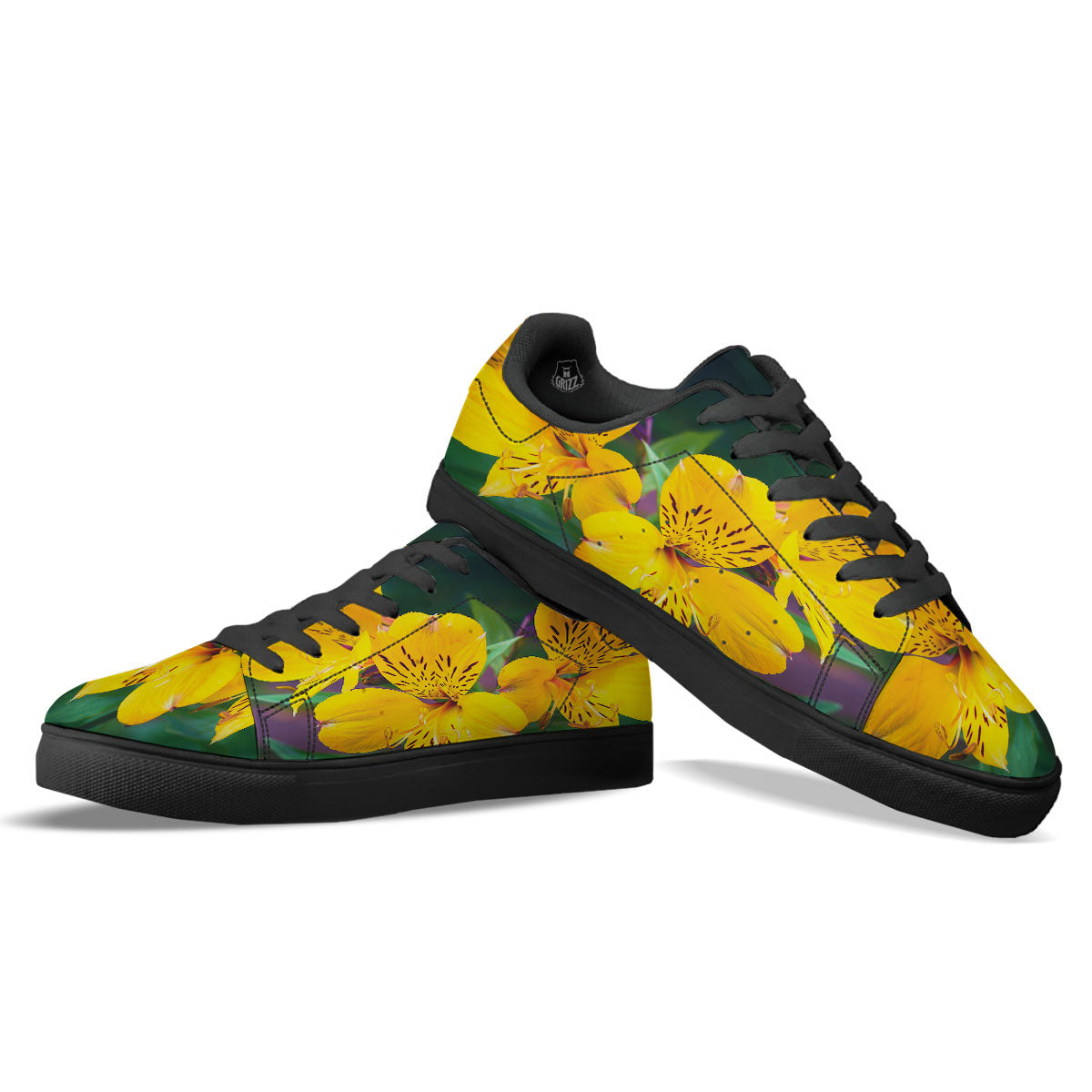 Alstroemeria Yellow Print Black Low Top Sneakers-grizzshop