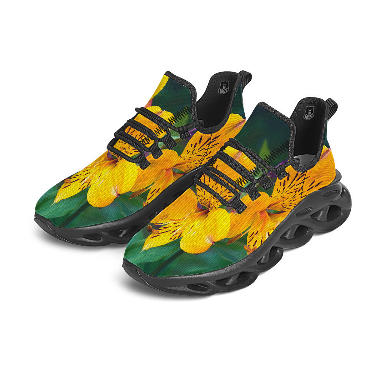 Alstroemeria Yellow Print Black Running Shoes-grizzshop