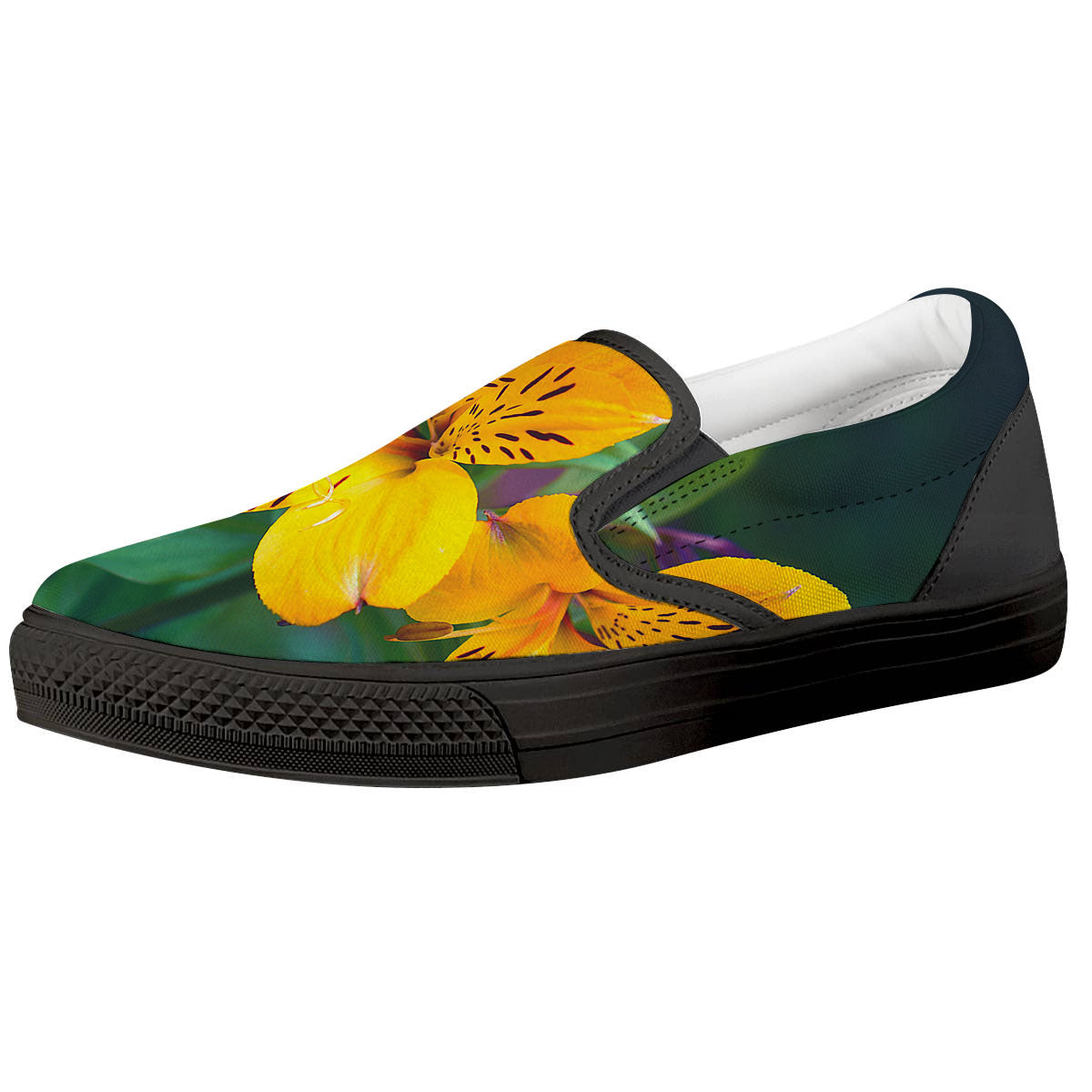 Alstroemeria Yellow Print Black Slip On Shoes-grizzshop