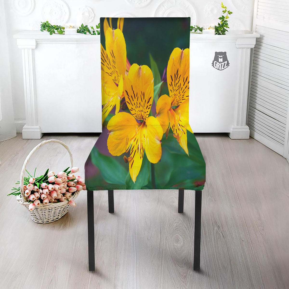 Alstroemeria Yellow Print Dining Chair Slipcover-grizzshop