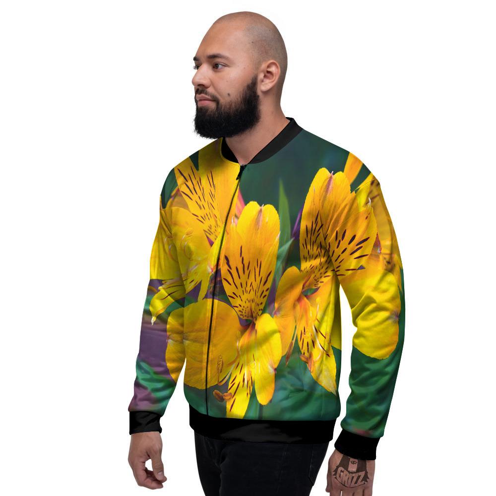 Alstroemeria Yellow Print Men's Bomber Jacket-grizzshop