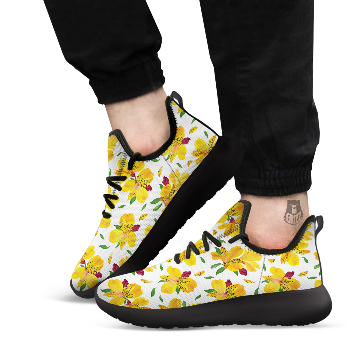 Alstroemeria Yellow Print Pattern Black Athletic Shoes-grizzshop