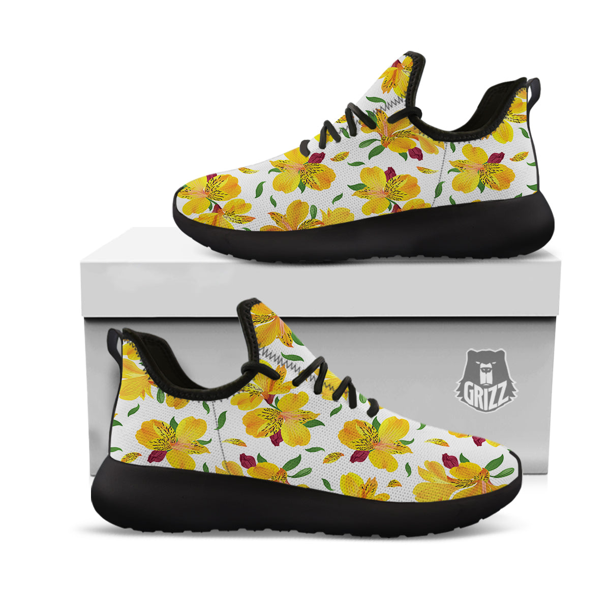 Alstroemeria Yellow Print Pattern Black Athletic Shoes-grizzshop