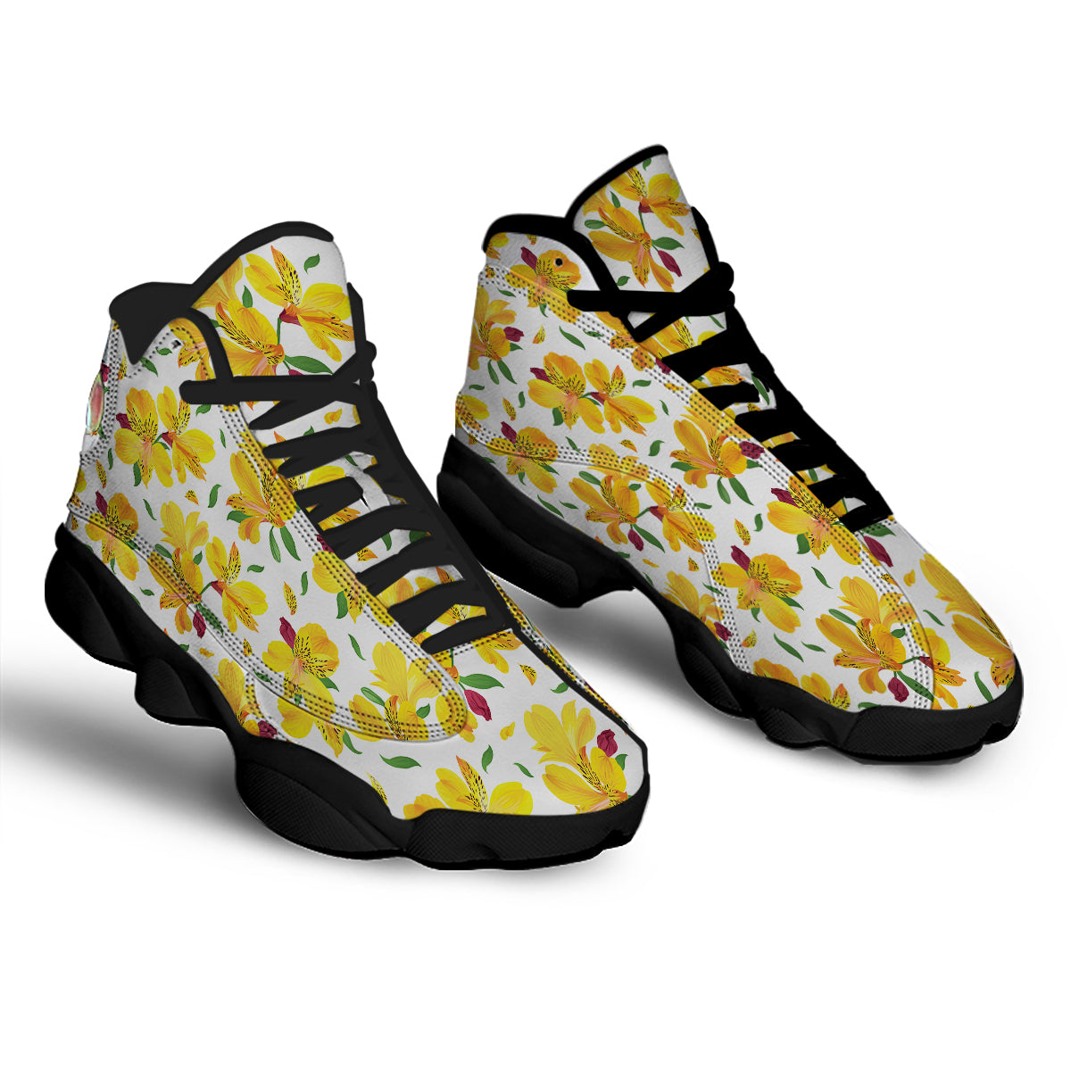 Alstroemeria Yellow Print Pattern Black Basketball Shoes-grizzshop