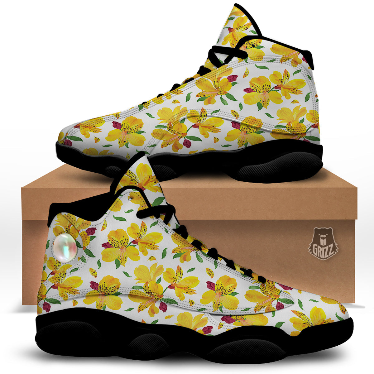 Alstroemeria Yellow Print Pattern Black Basketball Shoes-grizzshop