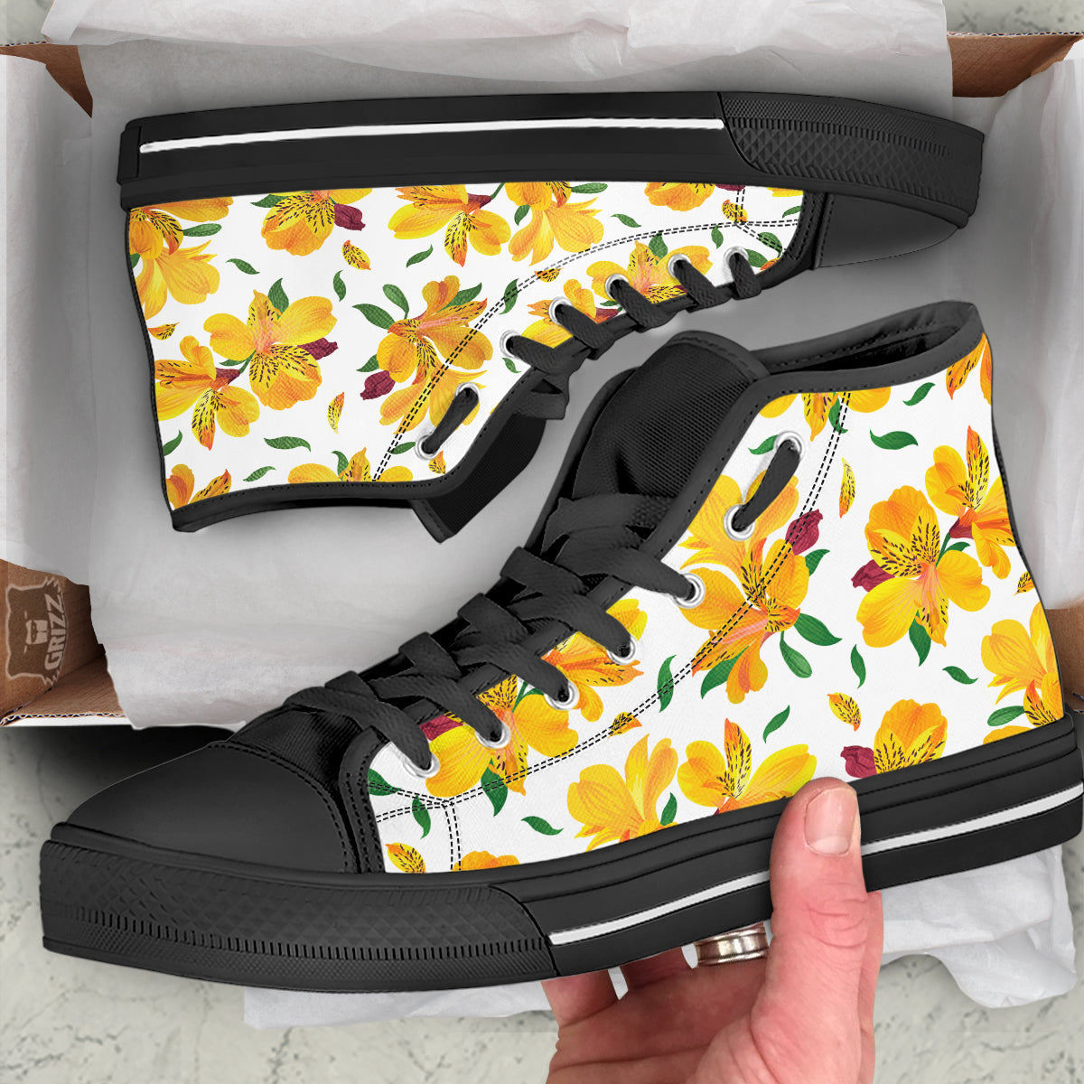 Alstroemeria Yellow Print Pattern Black High Top Shoes-grizzshop