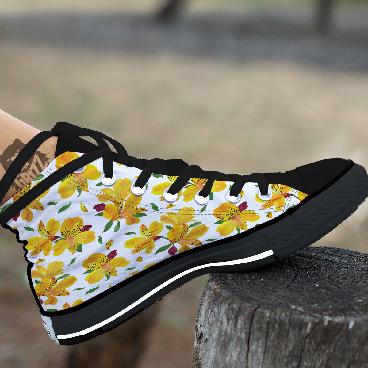 Alstroemeria Yellow Print Pattern Black High Top Shoes-grizzshop